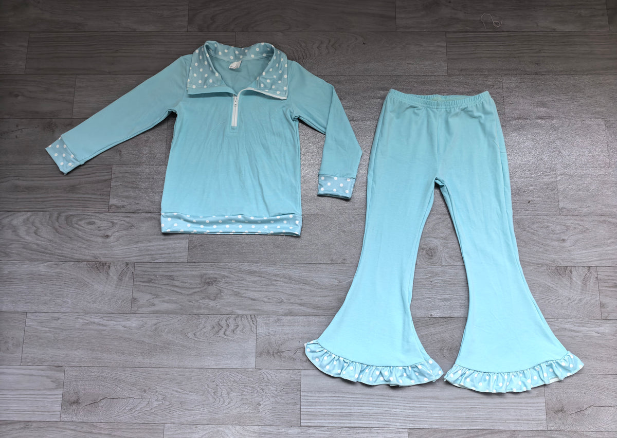 Sample-Real Pics GLP3963 Baby Girl Clothes Solid Light Blue Peter Pan Collar Long Sleeve Flare Pant Set