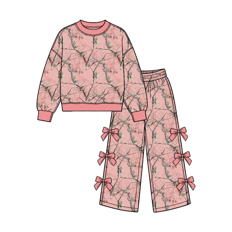 Preorder (moq 5) GLP3967 Baby Girl Clothes Pink Tree Camo Mixed Print Long Sleeve Sweatshirt Side Bow Wide Leg Pants Outfit Set