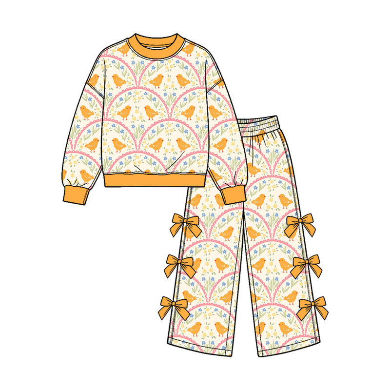 Preorder (moq 5) GLP3968 Baby Girl Clothes Yellow Chick Floral Mixed Print Long Sleeve Sweatshirt Side Bow Wide Leg Pants Outfit Set