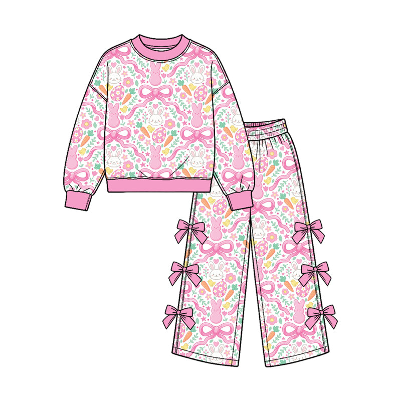 Preorder (moq 5) GLP3969 Baby Girl Clothes Easter Bunny Bow Carrot Mixed Print Long Sleeve Sweatshirt Side Bow Wide Leg Pants Outfit Set