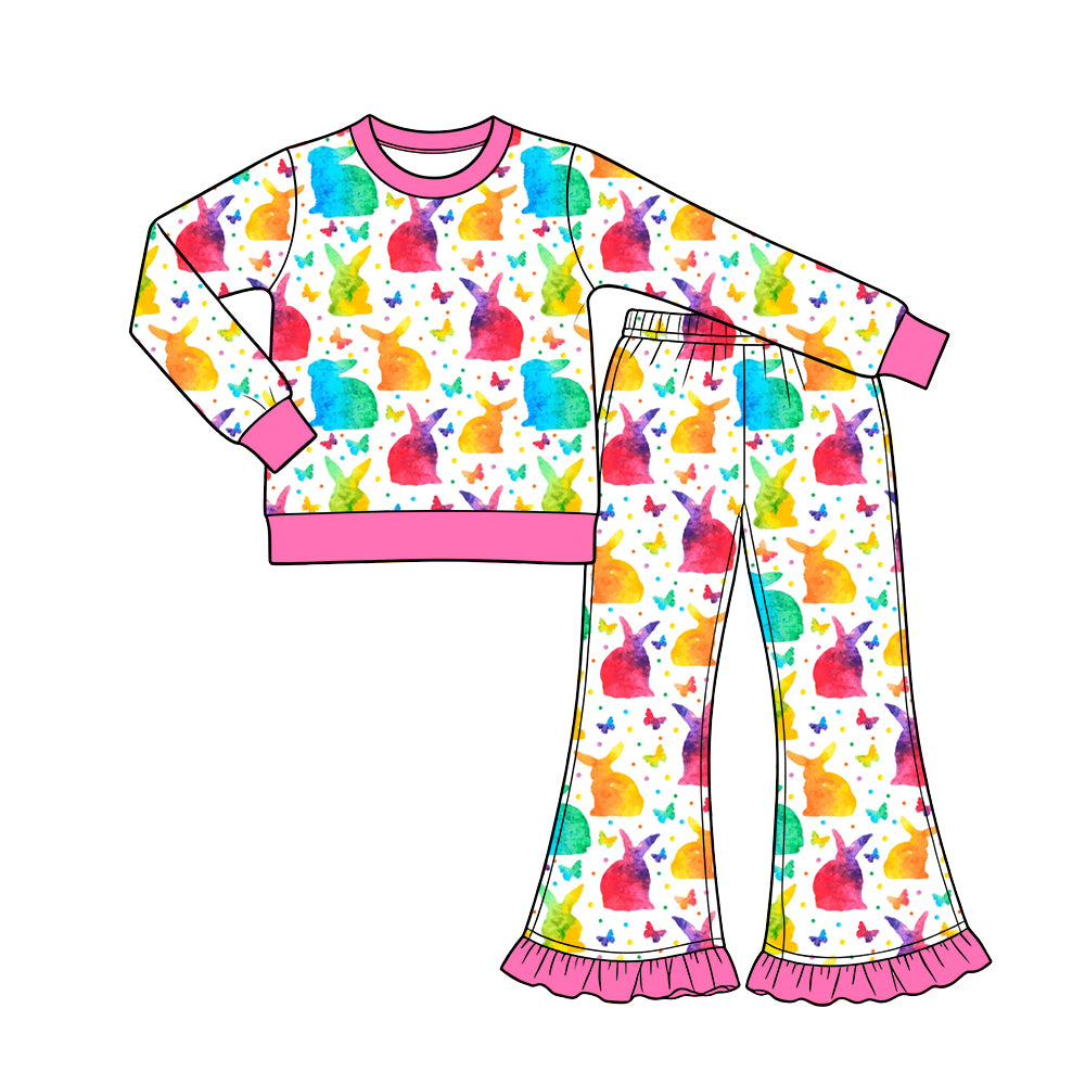 Preorder (moq 5) GLP3971 Baby Girl Clothes Watercolor Rainbow Easter Bunny Butterfly Mixed Print Long Sleeve Top Ruffle Flare Pant Set