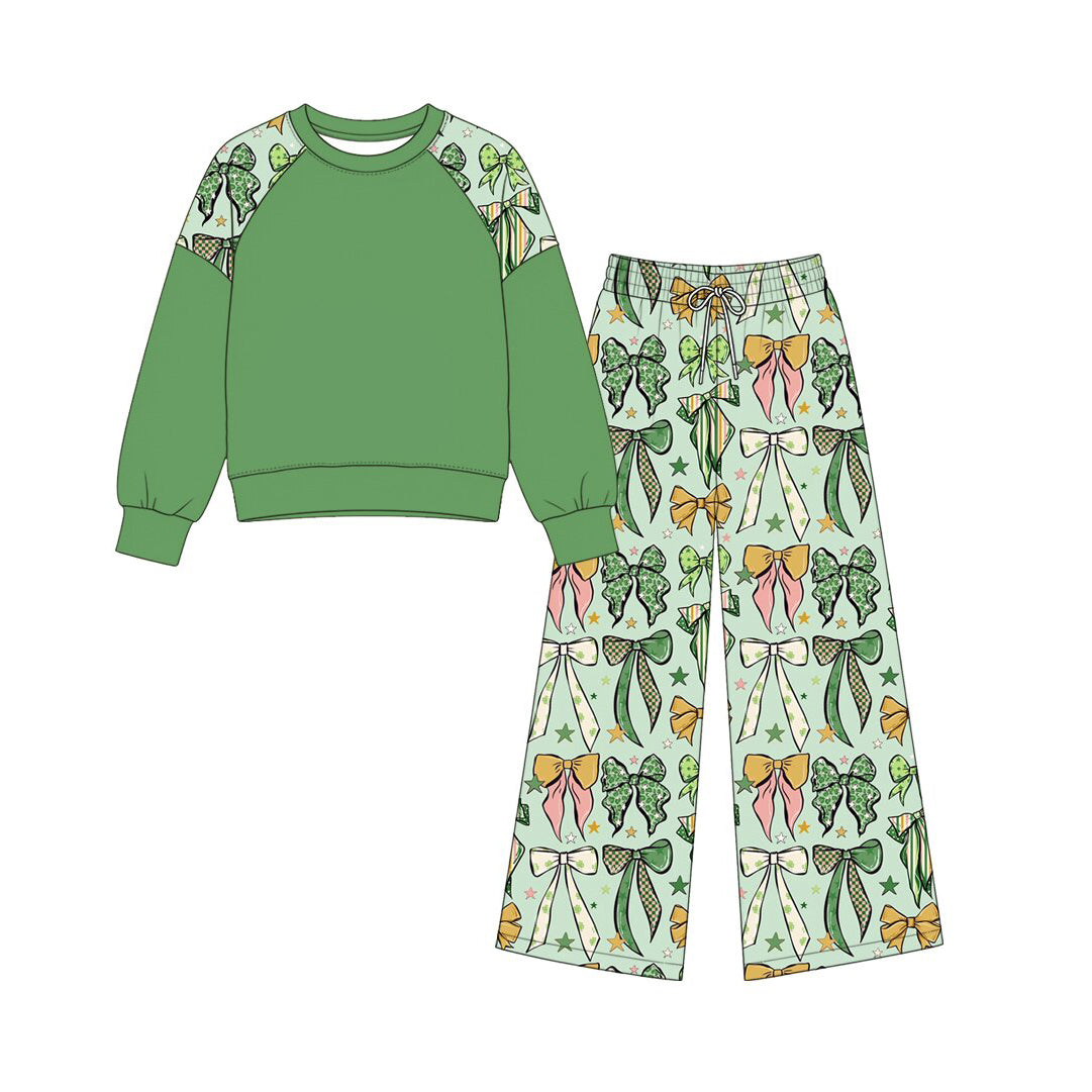 Preorder (moq 5) GLP3972 Baby Girl Clothes St Patrick Green Bow Star Mixed Print Raglan Long Sleeve Sweatshirt Wide Leg Flare Pant Set