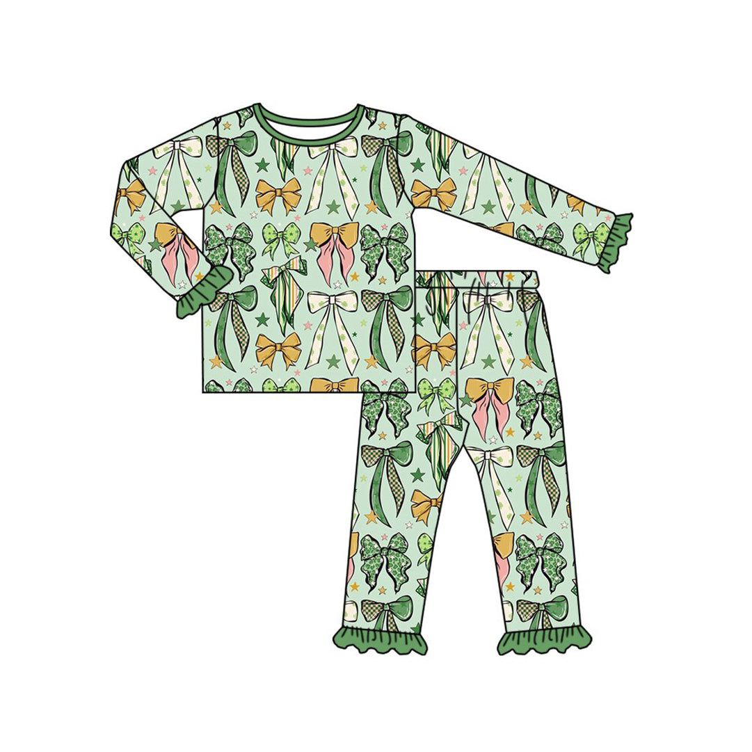 Preorder (moq 5) GLP3973 Baby Girl Clothes St Patrick Green Bow Star Mixed Print Long Sleeve Ruffle Cuff Top Jogger Pant Pajama Set