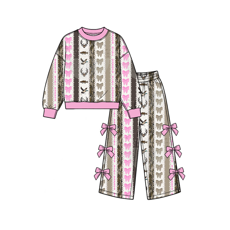 Preorder (moq 5) GLP3975 Baby Girl Clothes Hunting Deer Duck Pink Bow Striped Mixed Print Long Sleeve Sweatshirt Bow Decor Wide Leg Pant Set