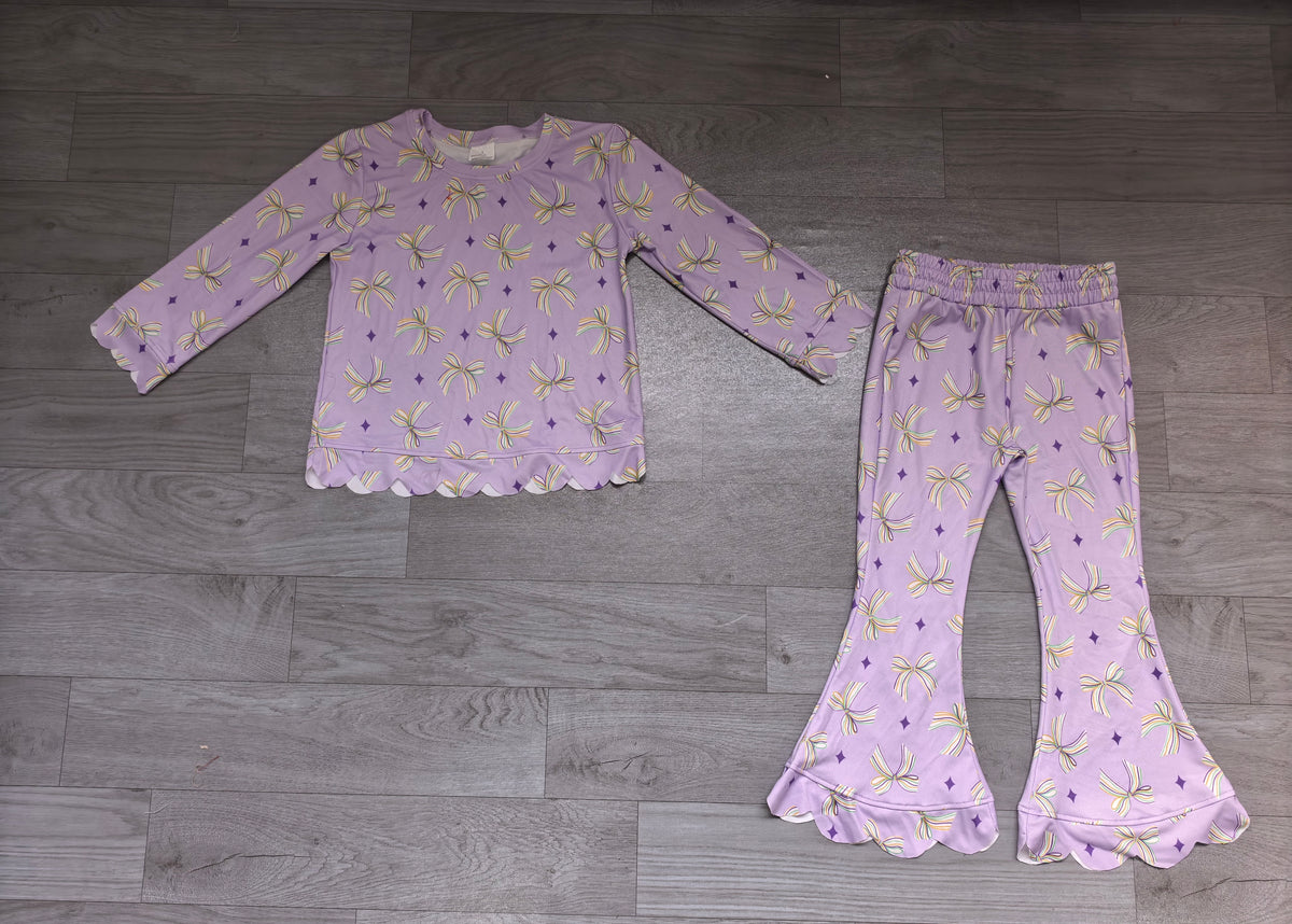 Sample-Real Pics GLP3976 Baby Girl Clothes Purple Floral Mixed Print Long Sleeve Flare Pant Set