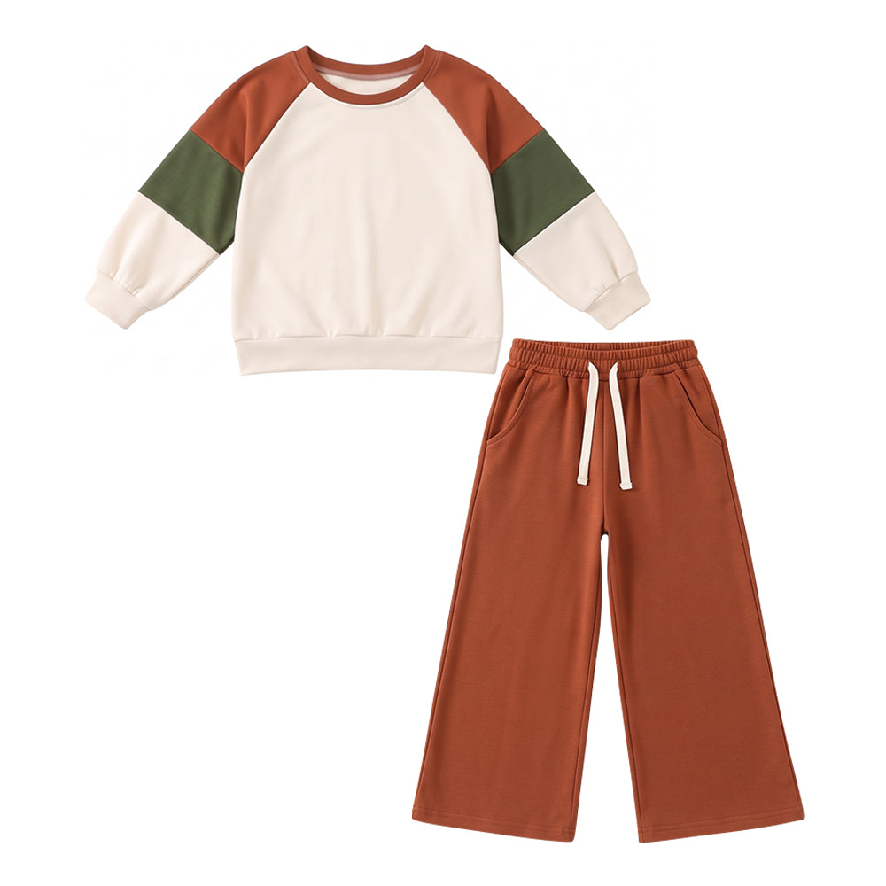 Preorder (moq 5) GLP3977 Baby Girl Clothes Color Block Patchwork Print Long Sleeve Top Wide Leg Pant Set