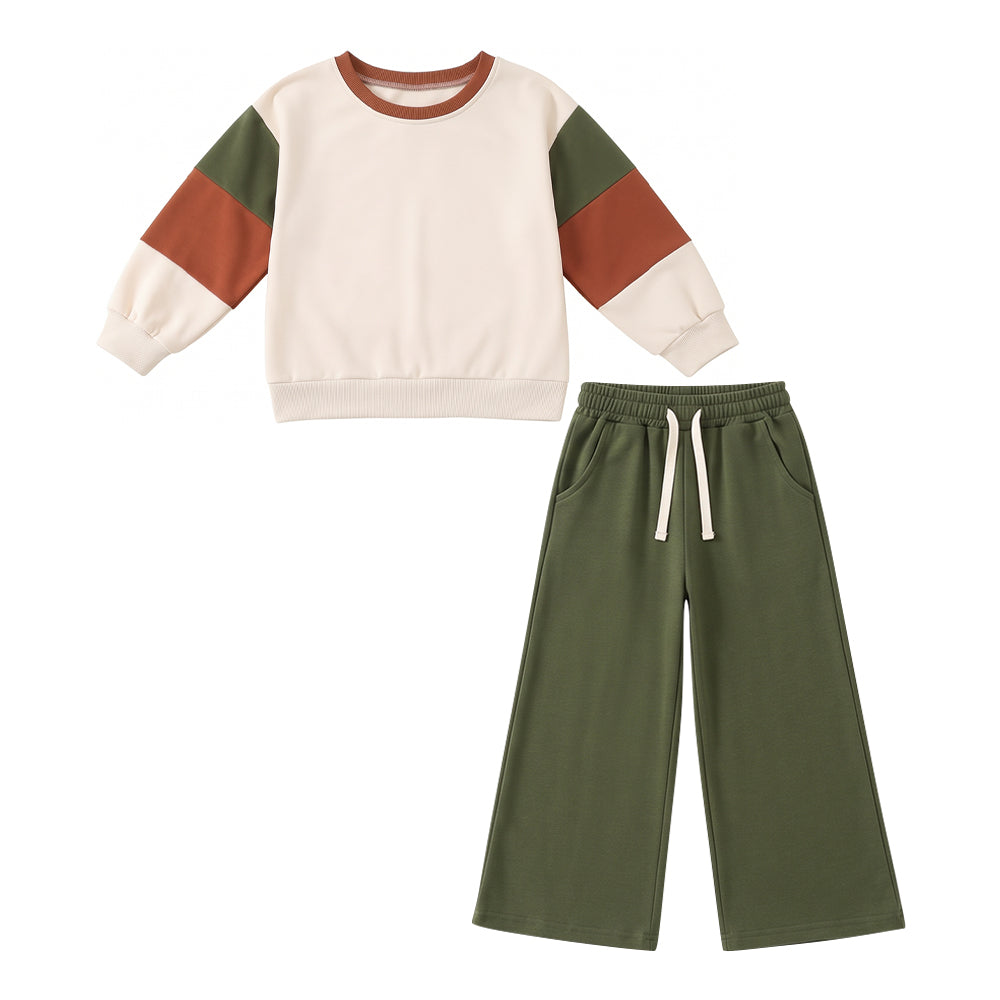 Preorder (moq 5) GLP3978 Baby Girl Clothes Color Block Patchwork Print Long Sleeve Top Wide Leg Pant Set
