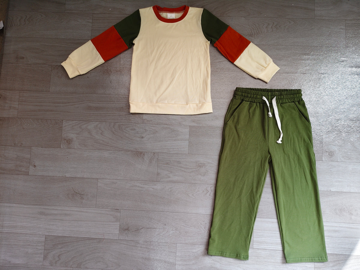 Sample-Real Pics GLP3978 Baby Girl Clothes Color Block Splice Print Long Sleeve Drawstring Straight Pant Set