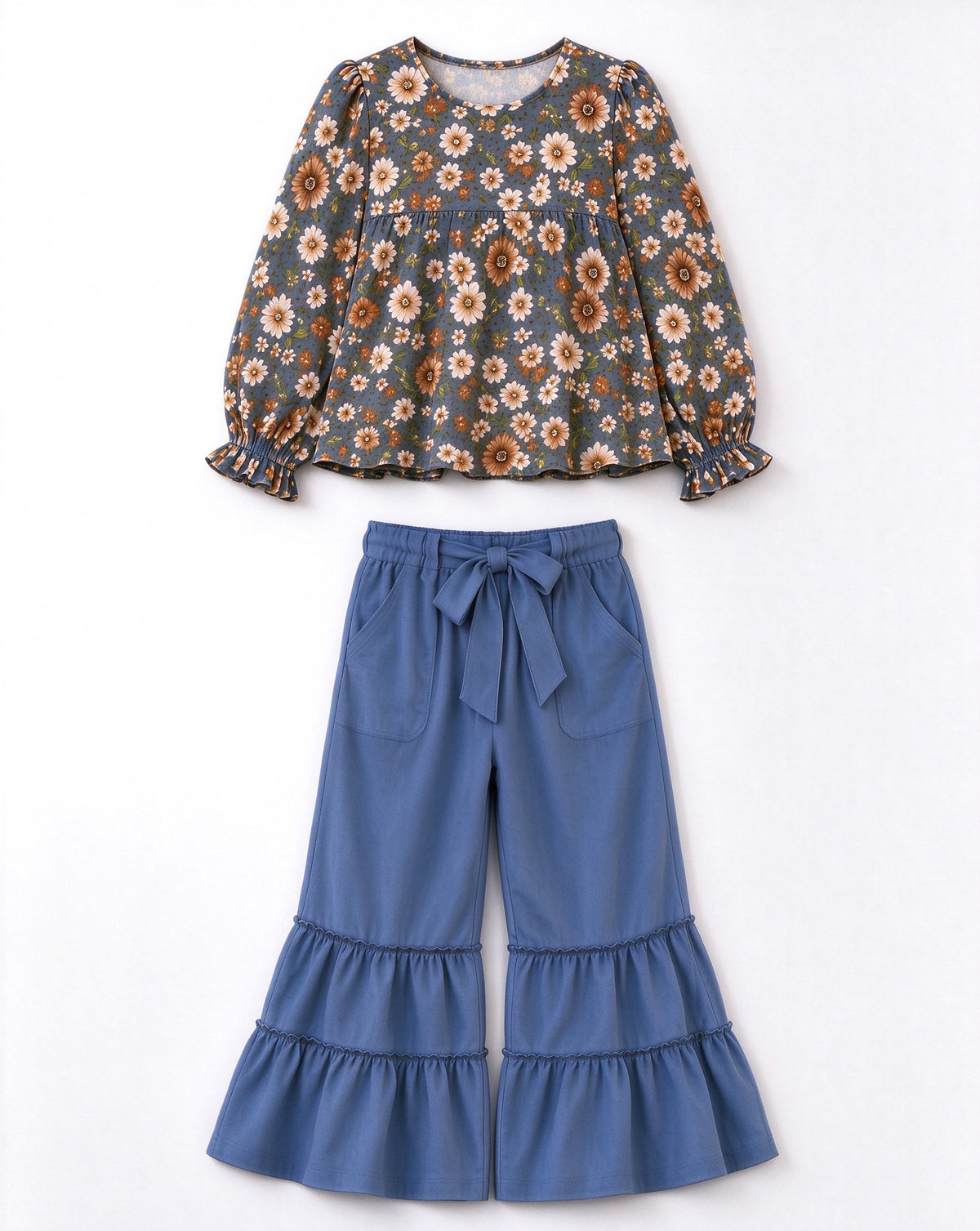 Preorder (moq 5) GLP3979 Baby Girl Clothes Vintage Floral Print Long Sleeve Top Tiered Flare Pant Set