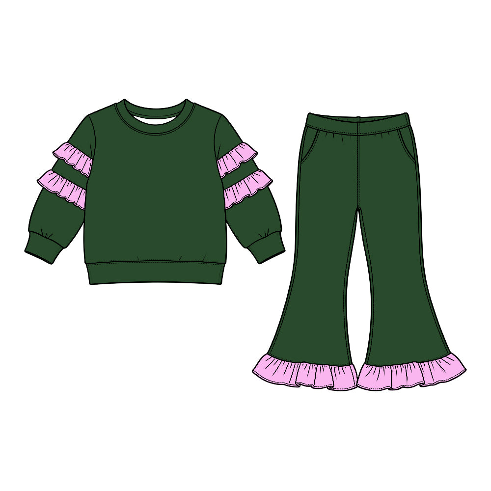 Preorder (moq 5) GLP3981  Baby Girl Clothes Solid Dark Green Ruffle Tier Long Sleeve Flare Pant Set