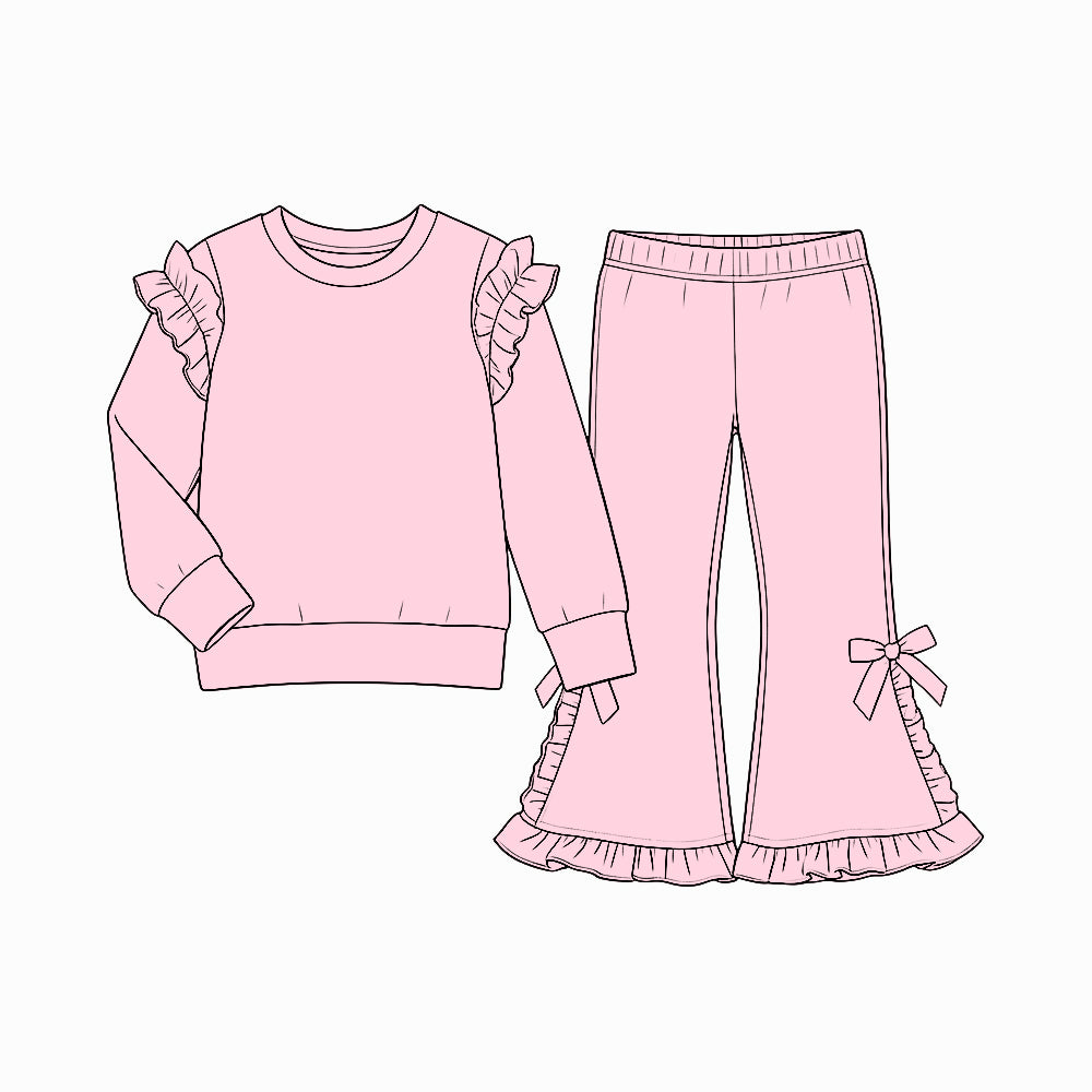 Preorder (moq 5) GLP3985 Baby Girl Clothes Solid Light Pink Ruffle Shoulder Long Sleeve Bow Flare Pant Set