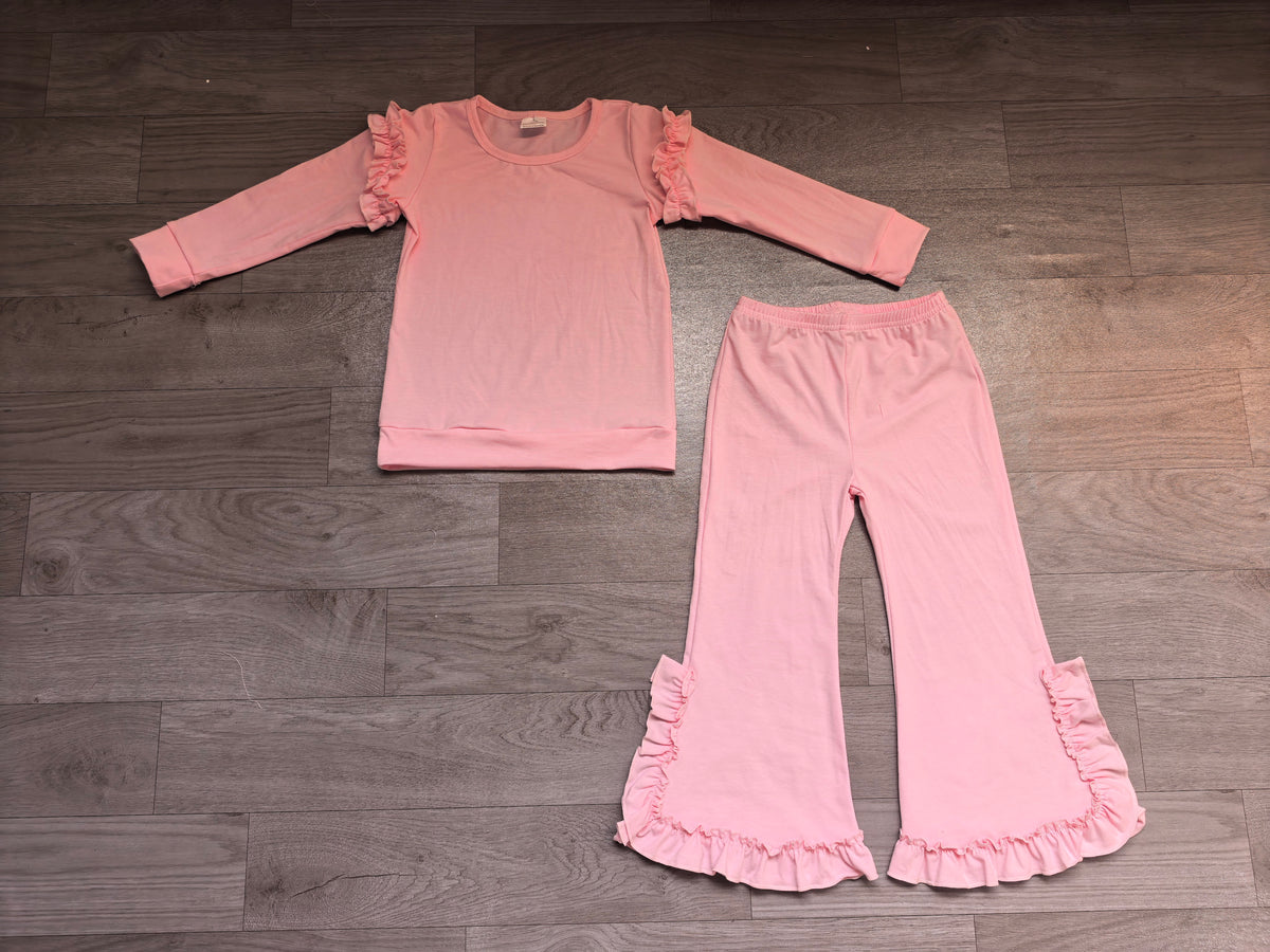 Sample-Real Pics GLP3985 Baby Girl Clothes Solid Pink Plain Print Long Sleeve Ruffle Top Ruffle Flare Pant Set