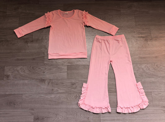 Sample-Real Pics GLP3985 Baby Girl Clothes Solid Pink Plain Print Long Sleeve Ruffle Top Ruffle Flare Pant Set