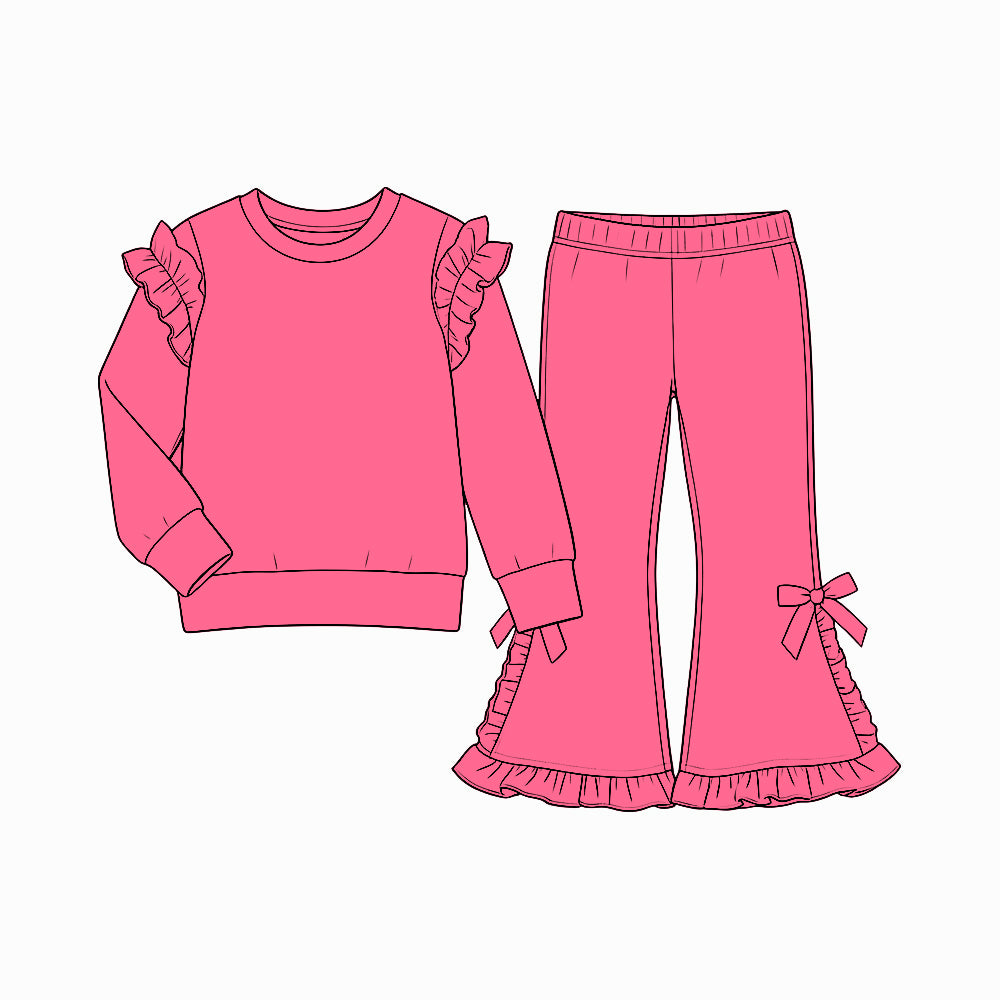 Preorder (moq 5) GLP3987 Baby Girl Clothes Solid Hot Pink Ruffle Shoulder Long Sleeve Bow Flare Pant Set