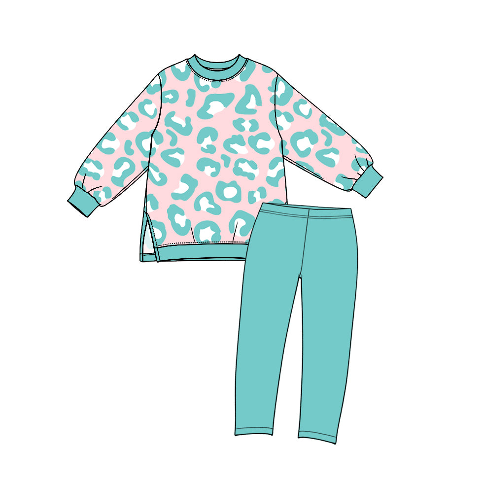 Preorder (moq 5) GLP3990 Baby Girl Clothes Mint Pink Leopard Print Long Sleeve Top And Solid Pant Outfit Set
