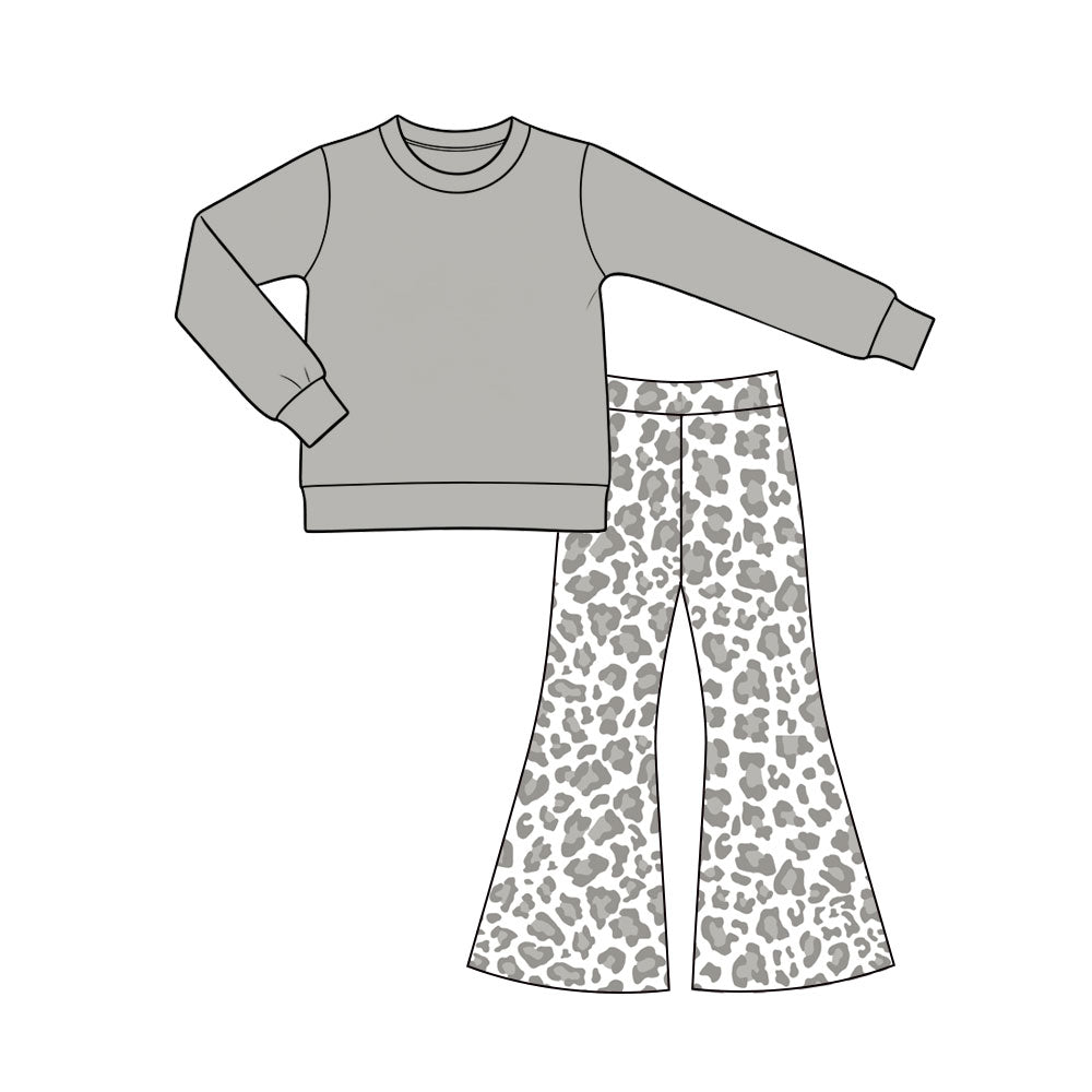 Preorder (moq 5) GLP3992 Baby Girl Clothes Grey Leopard Print Long Sleeve Solid Top And Flare Pant Outfit Set