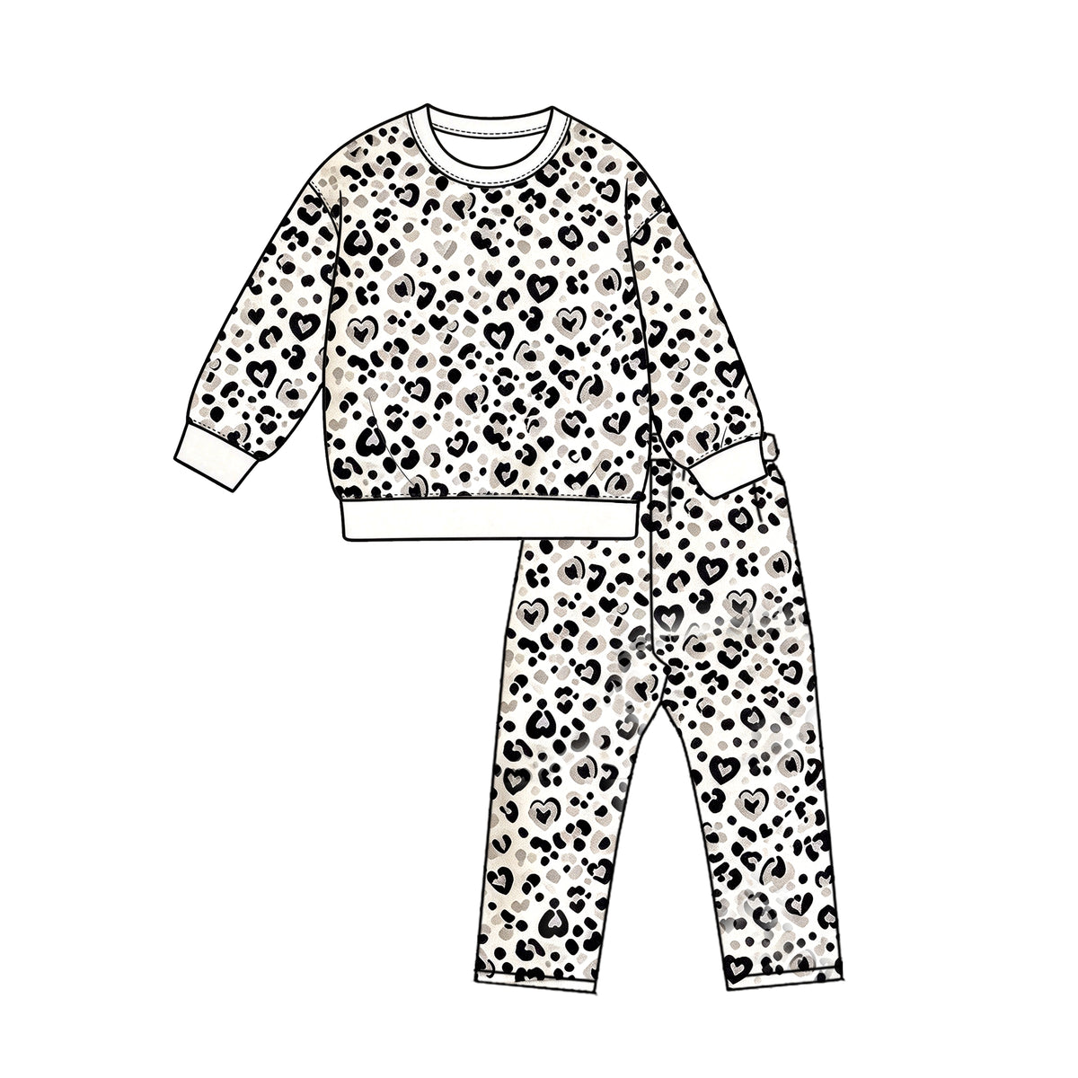 Preorder (moq 5) GLP3993 Baby Girl Clothes Heart Leopard Mixed Print Long Sleeve Top And Pant Outfit Set