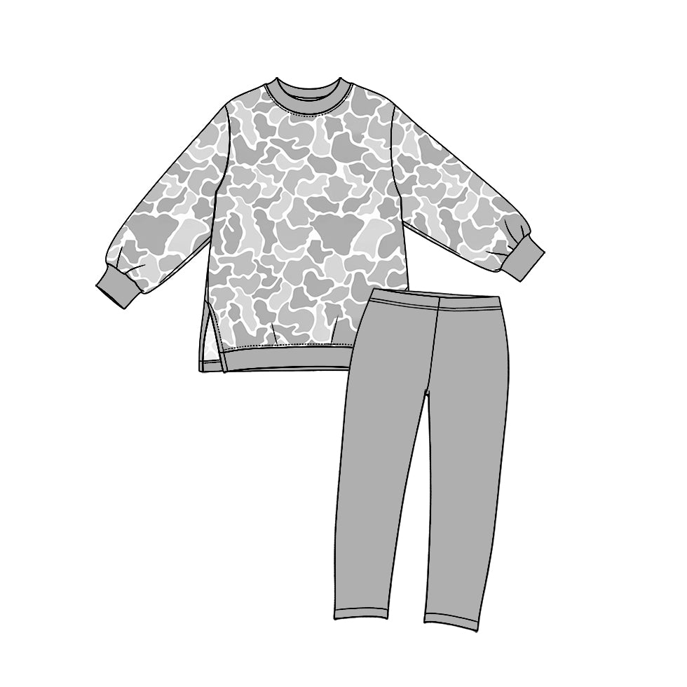 Preorder (moq 5) GLP3994 Baby Boy Clothes Grey Camo Print Long Sleeve Side Slit Top Straight Pant Set