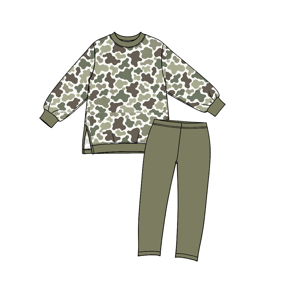 Preorder (moq 5) GLP3997 Baby Boy Clothes Green Camo Print Long Sleeve Side Slit Top Straight Pant Set