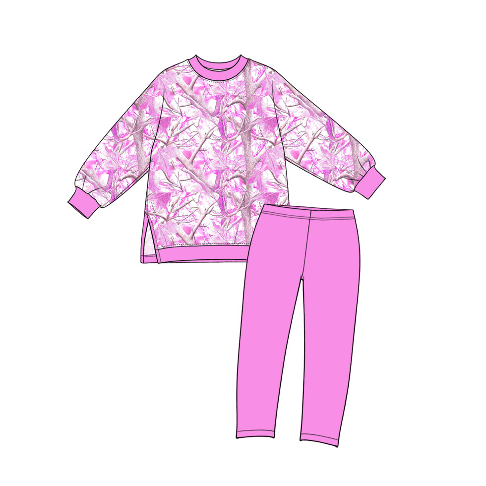 Preorder (moq 5) GLP3999 Baby Girl Clothes Pink Tree Camo Mixed Print Long Sleeve Side Slit Top Solid Pant Set