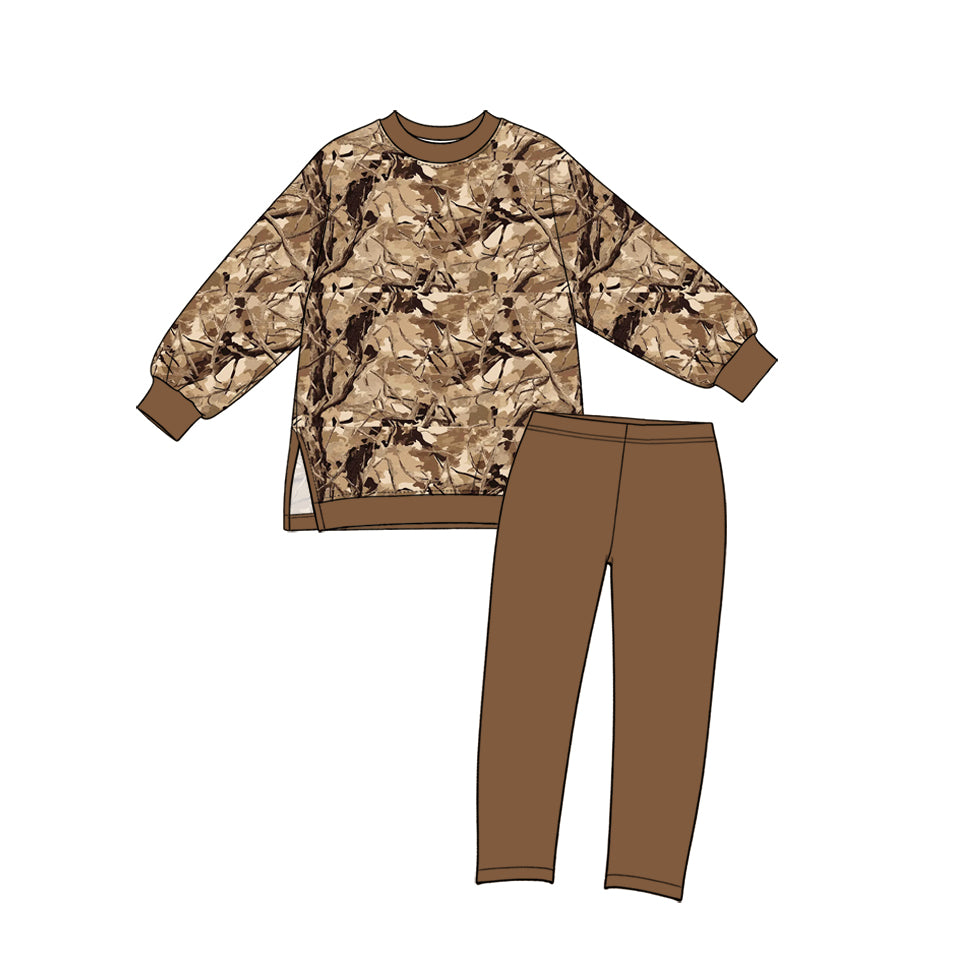 Preorder (moq 5) GLP4000 Baby Boy Clothes Brown Leaf Camo Mixed Print Long Sleeve Side Slit Top Solid Pant Set