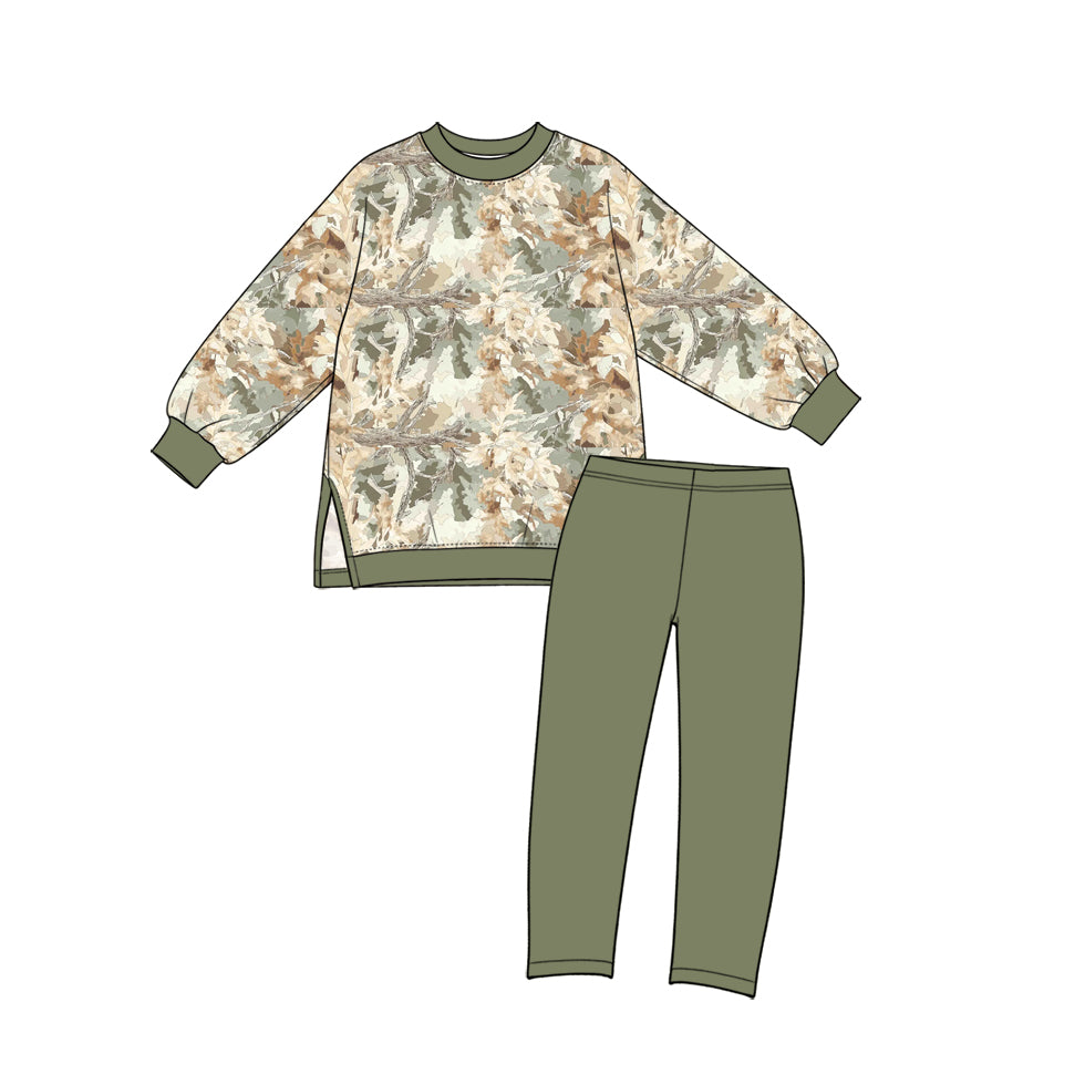 Preorder (moq 5) GLP4001 Baby Boy Clothes Light Leaf Camo Mixed Print Long Sleeve Side Slit Top Solid Pant Set