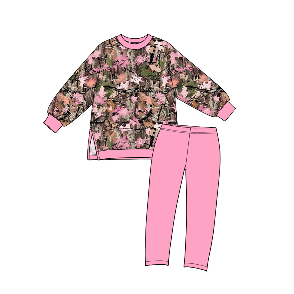 Preorder (moq 5) GLP4002 Baby Girl Clothes Pink Leaf Camo Mixed Print Long Sleeve Side Slit Top Solid Pant Set