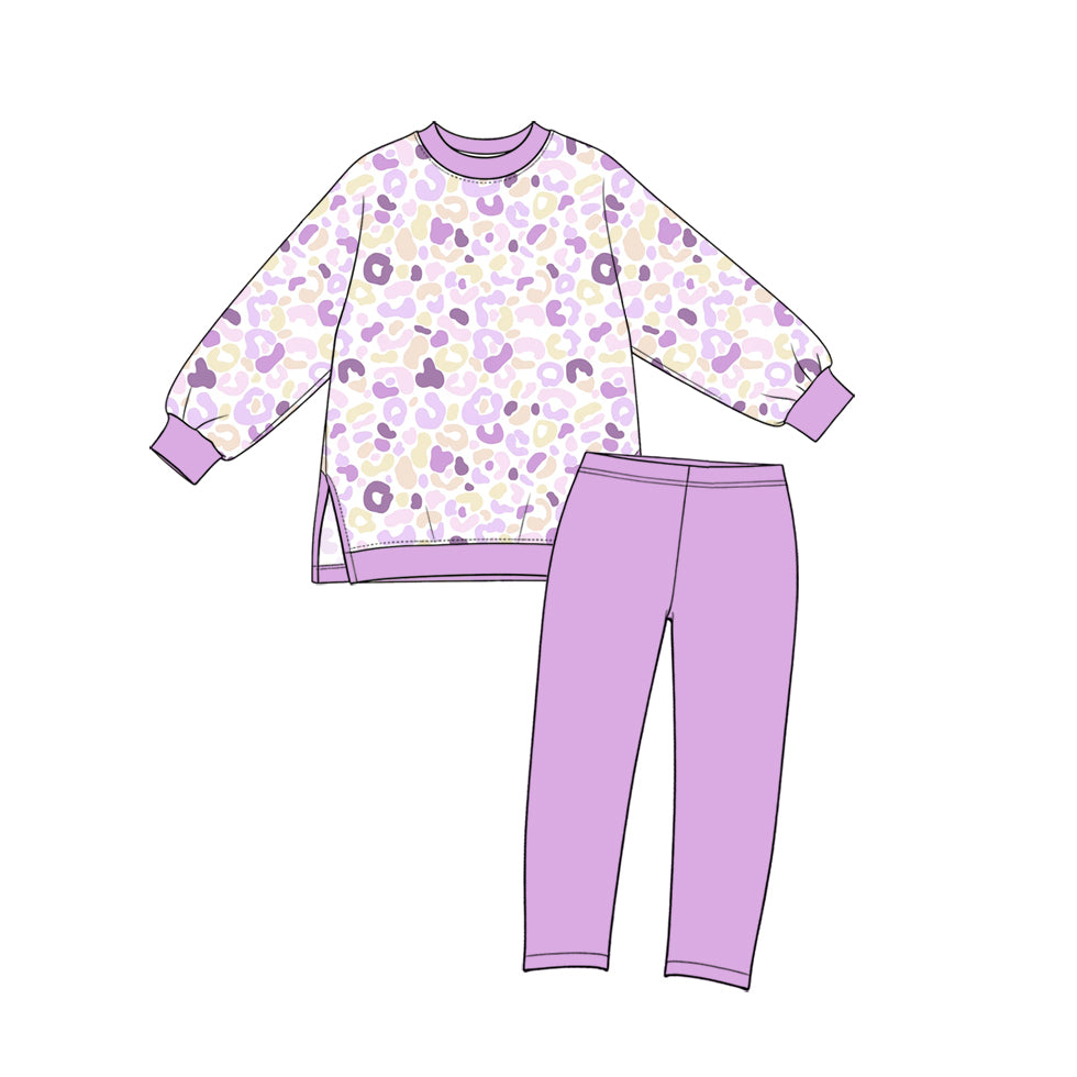 Preorder (moq 5) GLP4003 Baby Girl Clothes Purple Leopard Mixed Print Long Sleeve Side Slit Top Solid Pant Set