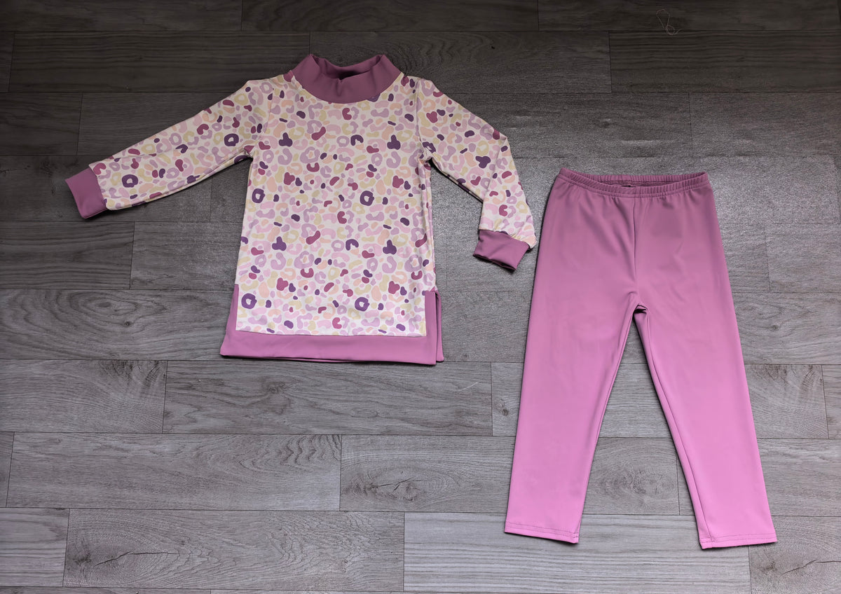 Sample-Real Pics GLP4003 Baby Girl Clothes Purple Floral Print Long Sleeve Flare Yoga Pant Set