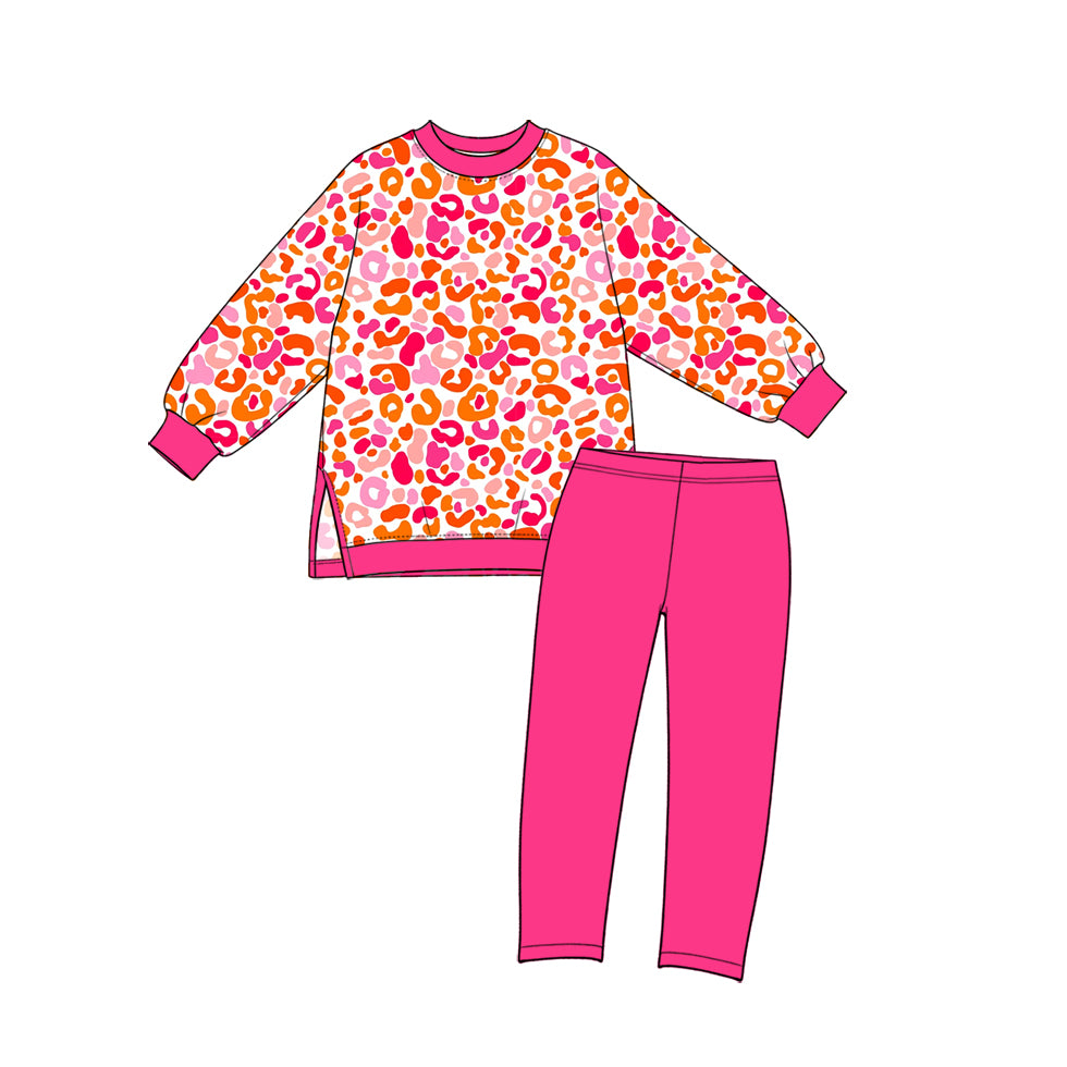 Preorder (moq 5) GLP4004 Baby Girl Clothes Orange Pink Leopard Mixed Print Long Sleeve Side Slit Top Solid Pant Set