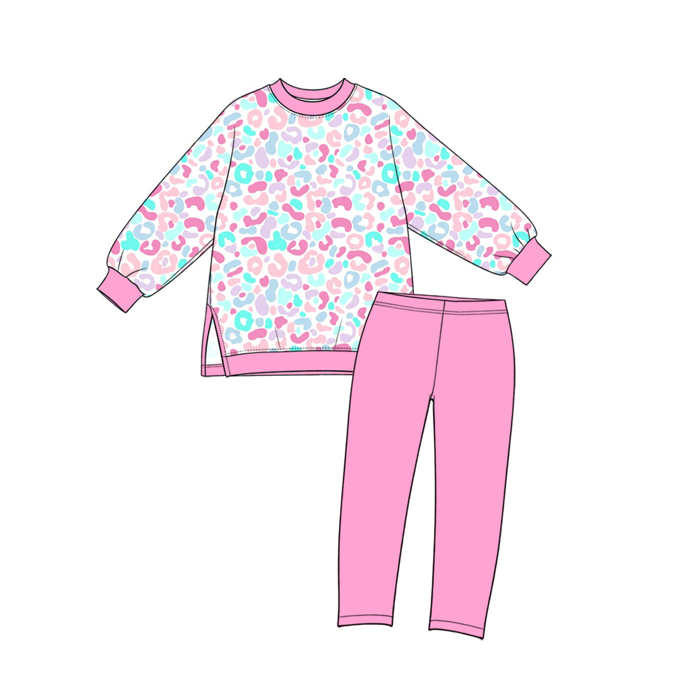 Preorder (moq 5) GLP4005 Baby Girl Clothes Pastel Leopard Mixed Print Long Sleeve Side Slit Top Solid Pant Set