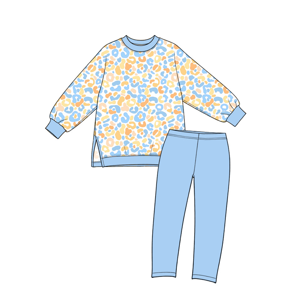 Preorder (moq 5) GLP4006 Baby Girl Clothes Blue Yellow Leopard Mixed Print Long Sleeve Side Slit Top Solid Pant Set