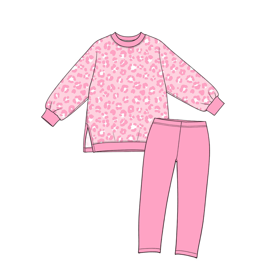 Preorder (moq 5) GLP4007 Baby Girl Clothes Pink White Leopard Mixed Print Long Sleeve Side Slit Top Solid Pant Set