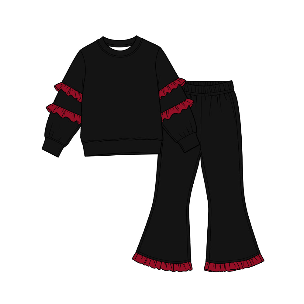 Preorder (moq 5) GLP4009 Baby Girl Clothes Black Solid Red Contrast Striped Long Sleeve Top And Flare Bell Bottom Pant Set