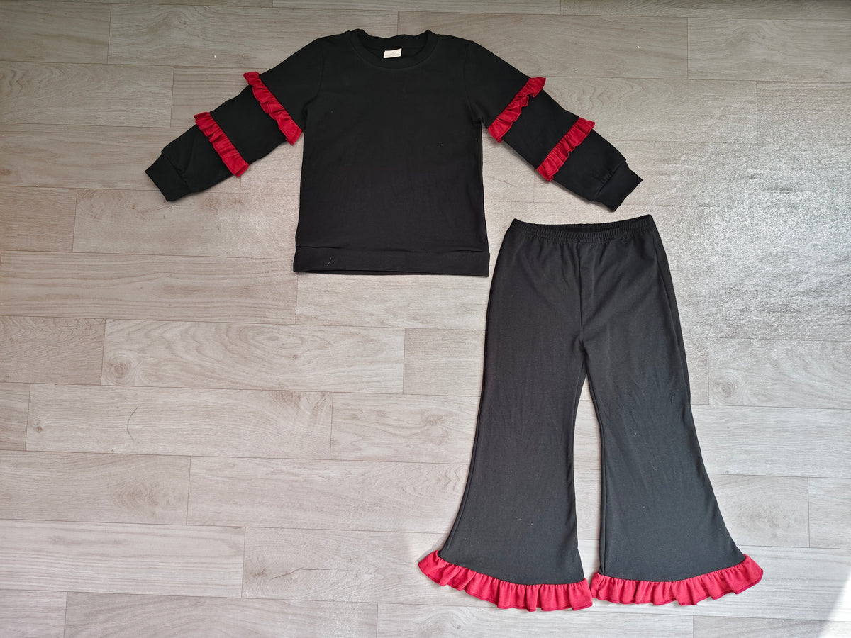 Sample-Real Pics GLP4009 Baby Girl Clothes Striped Sleeve Solid Print Long Sleeve Ruffle Flare Pant Set
