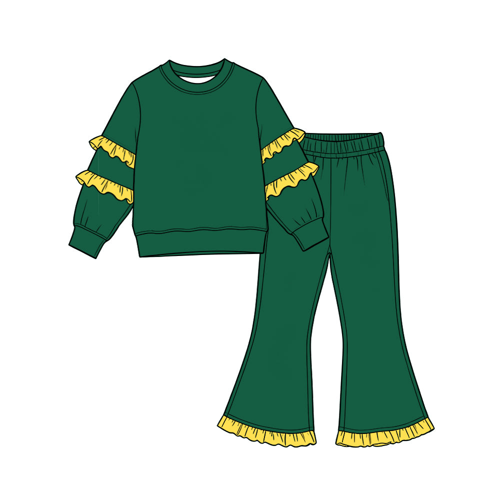 Preorder (moq 5) GLP4010 Baby Girl Clothes Forest Green Solid Yellow Cuff Stripe Long Sleeve Flare Pant Boutique Outfit