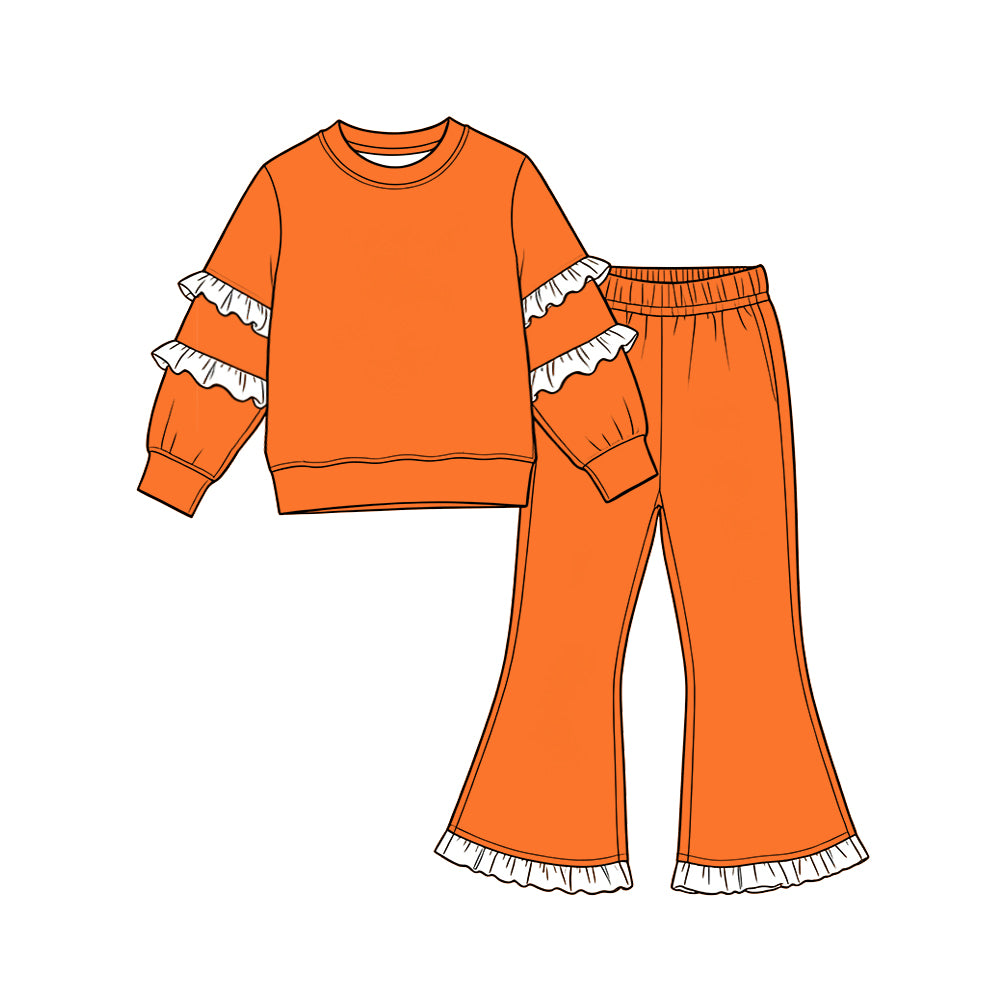 Preorder (moq 5) GLP4011 Baby Girl Clothes Orange Solid White Ruffle Stripe Long Sleeve Bell Bottom Pant Clothing Set