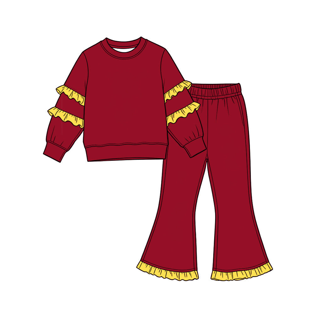 Preorder (moq 5) GLP4012 Baby Girl Clothes Wine Red Solid Yellow Striped Sleeve Long Sleeve Bell Bottom Flare Pant Outfit Set
