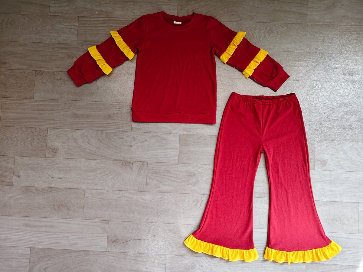 Sample-Real Pics GLP4012 Baby Girl Clothes Striped Sleeve Solid Print Long Sleeve Yellow Ruffle Flare Pant Set