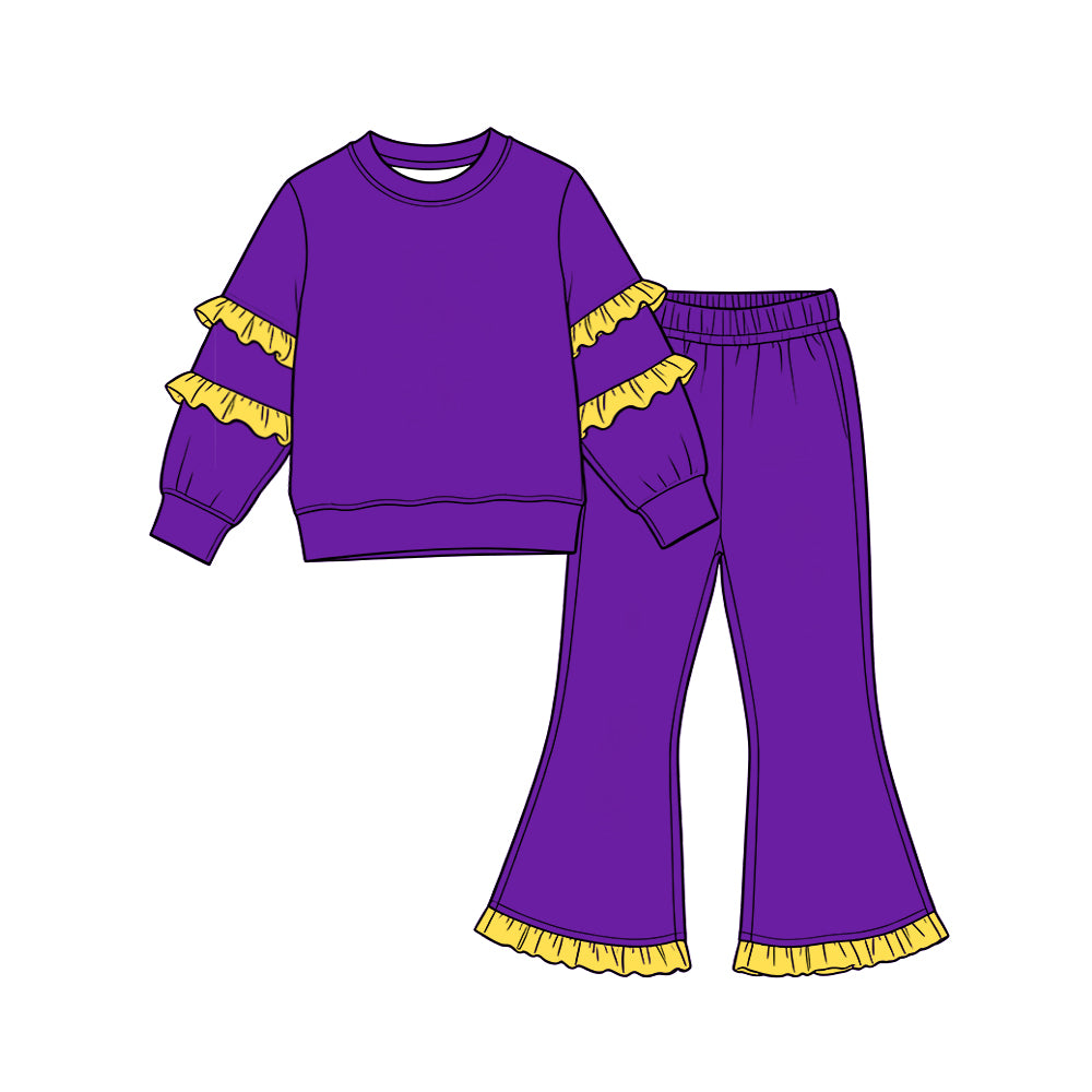 Preorder (moq 5) GLP4013 Baby Girl Clothes Purple Solid Yellow Contrast Stripe Long Sleeve Top And Flared Pant Two Piece Clothes Set