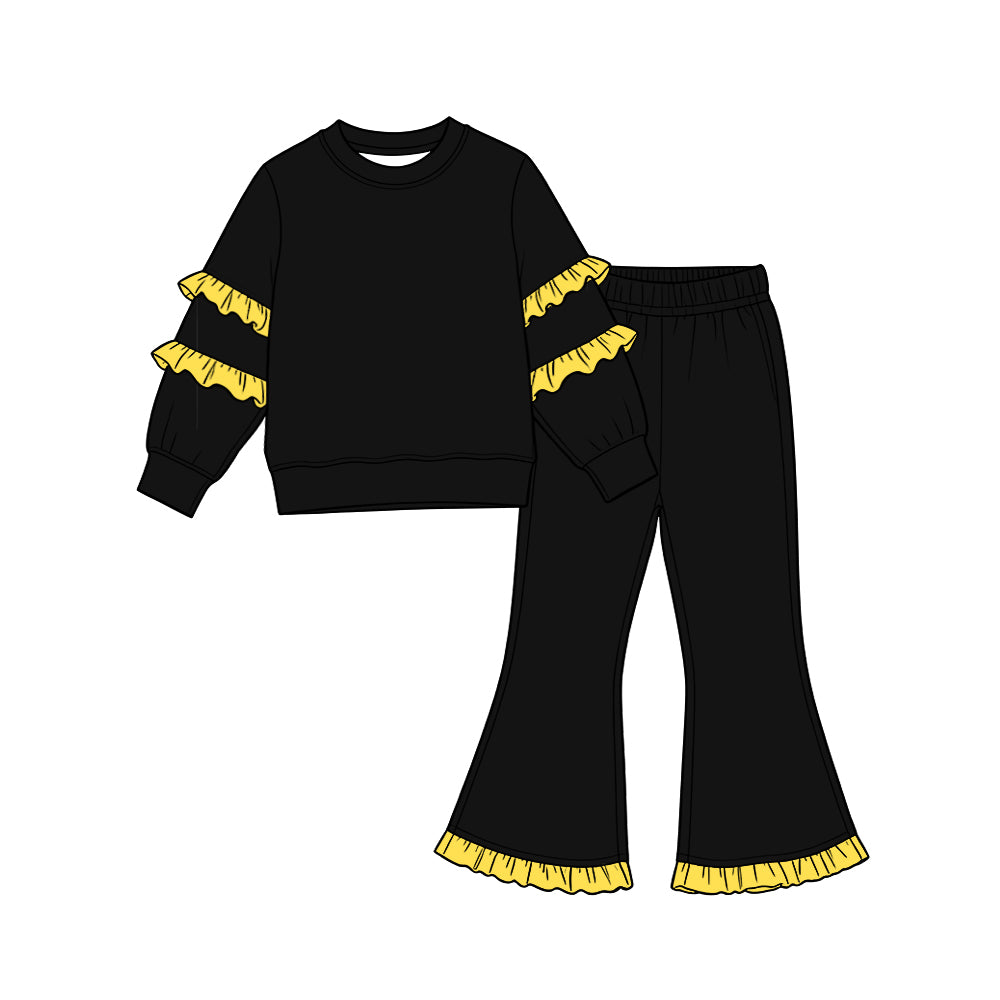 Preorder (moq 5) GLP4014 Baby Girl Clothes Black Solid Yellow Ruffle Trim Long Sleeve Bell Bottom Flare Pant Boutique Outfit