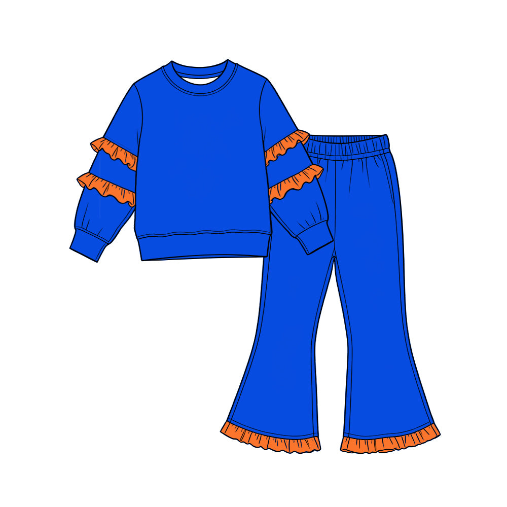 Preorder (moq 5) GLP4015 Baby Girl Clothes Royal Blue Solid Orange Striped Cuff Long Sleeve Flare Pant Matching Clothing Set