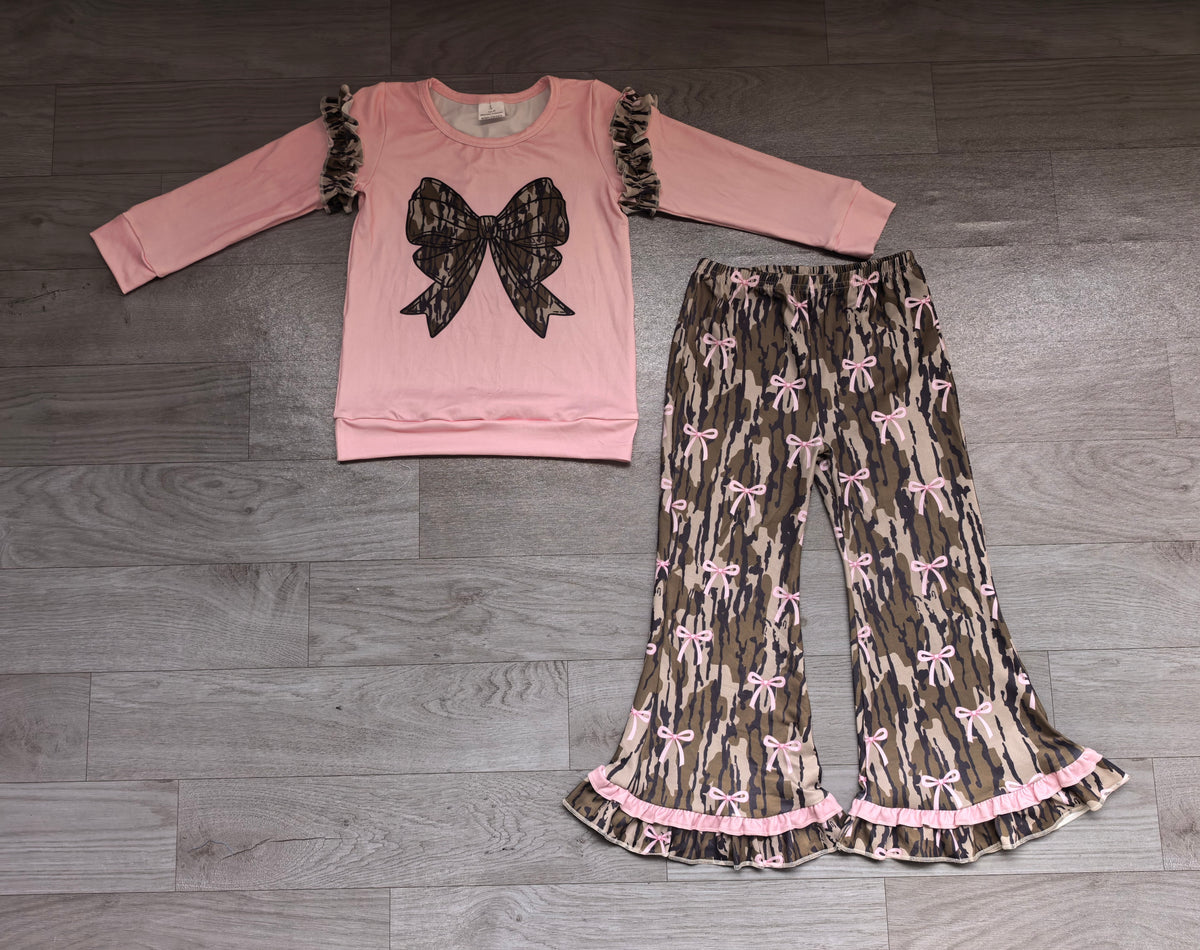 Sample-Real Pics GLP4018 Baby Girl Clothes Camo Bow Print Long Sleeve Ruffle Top Flare Pant Set