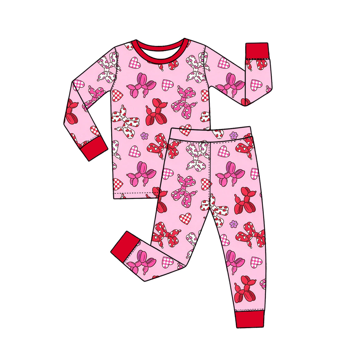Preorder (moq 5) GLP4020 Baby Girl Clothes Balloon Dog Checkered Heart Mixed Print Long Sleeve Pajama Set