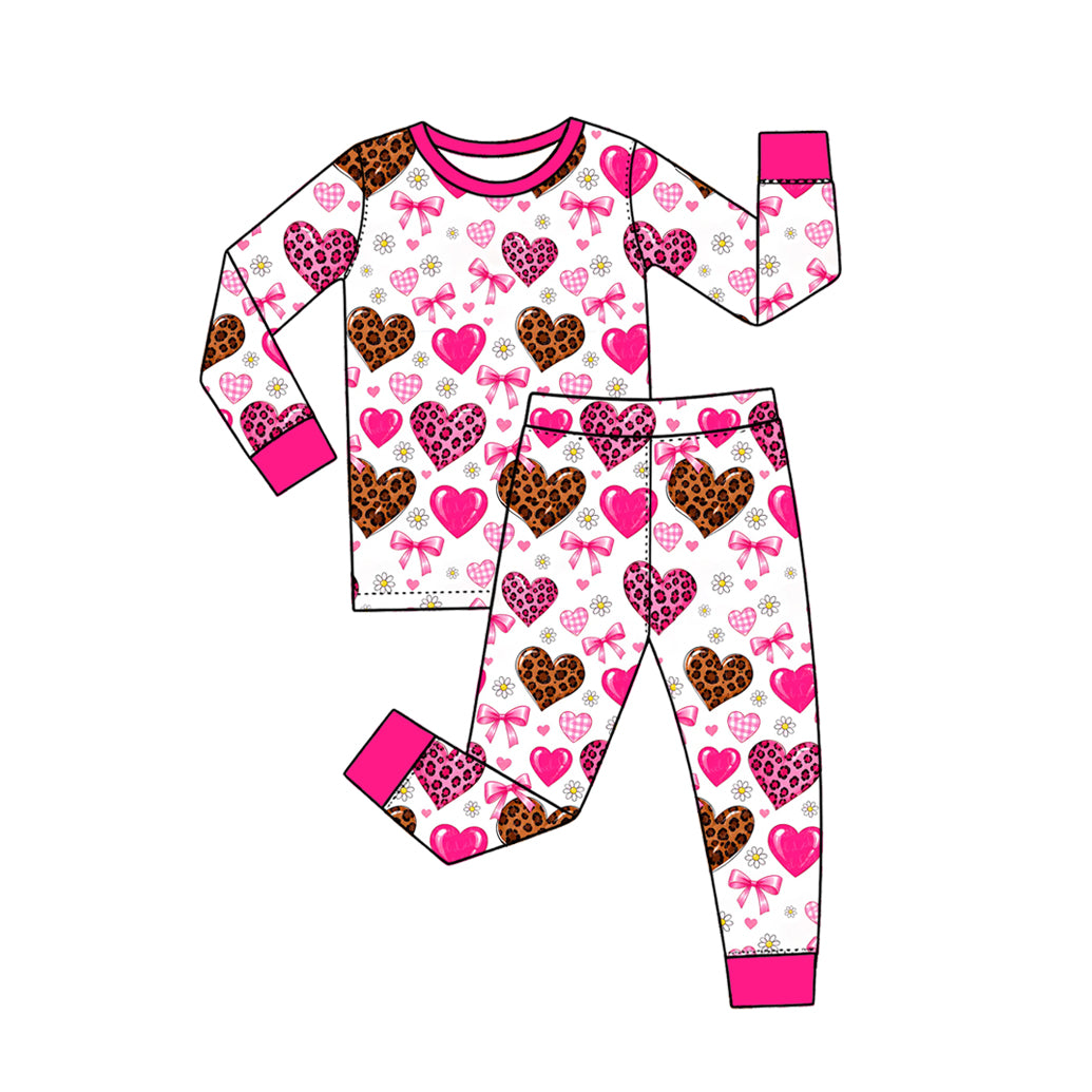 Preorder (moq 5) GLP4021 Baby Girl Clothes Leopard Heart Bow Daisy Mixed Print Long Sleeve Pajama Set