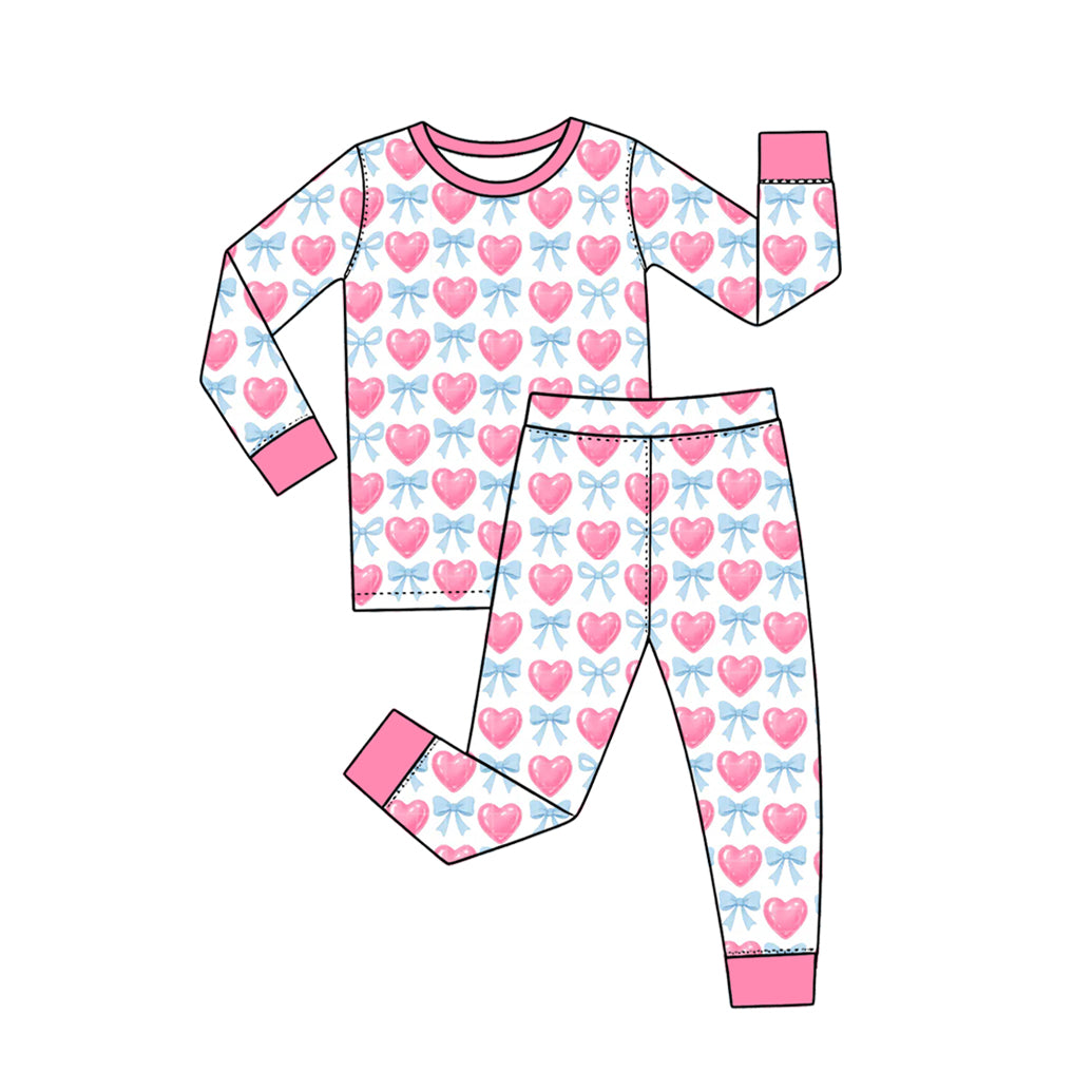 Preorder (moq 5) GLP4022 Baby Girl Clothes Pink Heart Blue Bow Mixed Print Long Sleeve Pajama Set