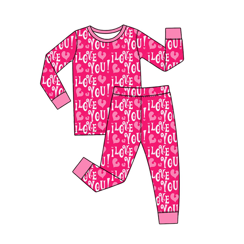 Preorder (moq 5) GLP4023 Baby Girl Clothes I Love You Heart Text Print Long Sleeve Pajama Pant Set