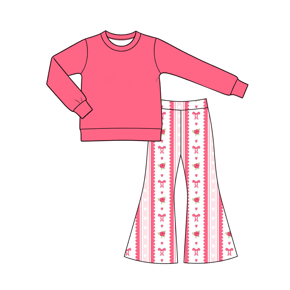 Preorder (moq 5) GLP4024 Baby Girl Clothes Rose Bow Stripe Print Long Sleeve Flare Pant Set