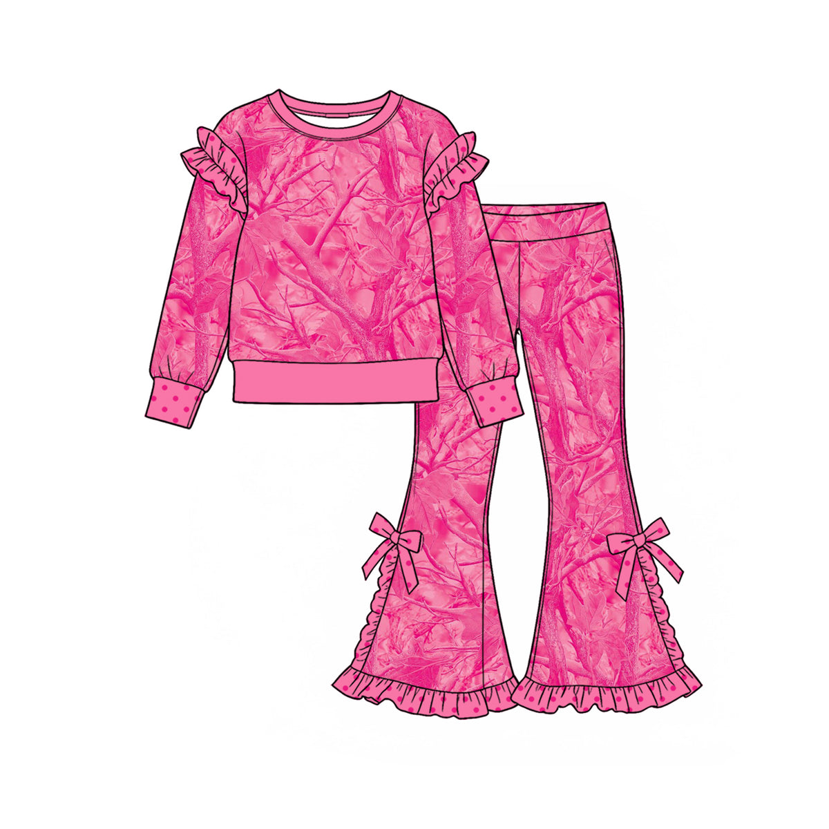Preorder (moq 5) GLP4026 Baby Girl Clothes Pink Tree Camo Print Ruffle Long Sleeve Flare Pant Set
