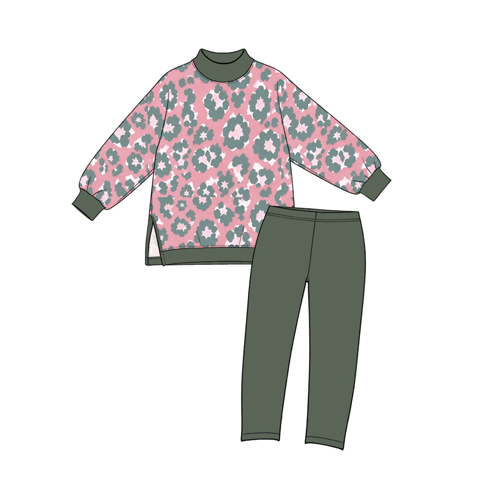 Preorder (moq 5) GLP4028 Baby Girl Clothes Pink Leopard Print Long Sleeve Yoga Outfit Set